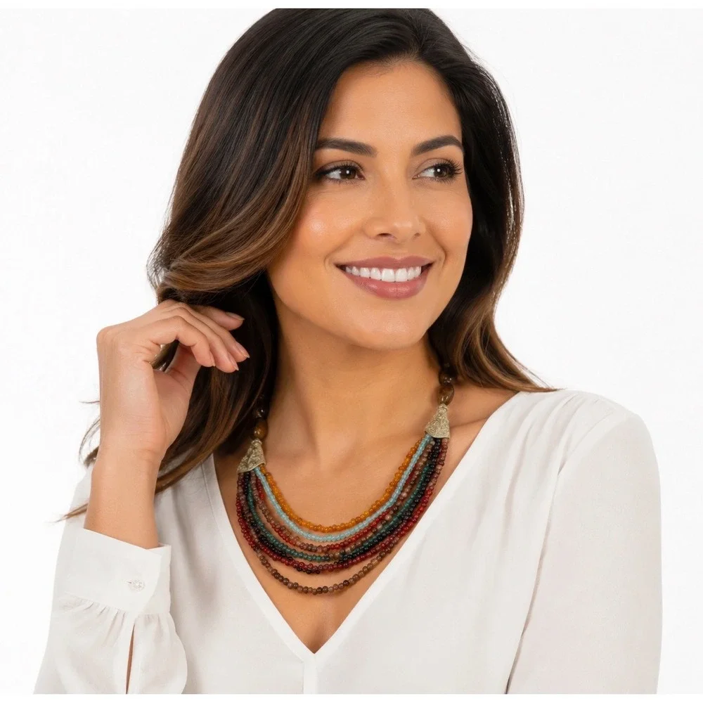 Boho Multi Strand Seed Bead Bib Necklace Earth Tone Marbled Resin Chic 103-156
